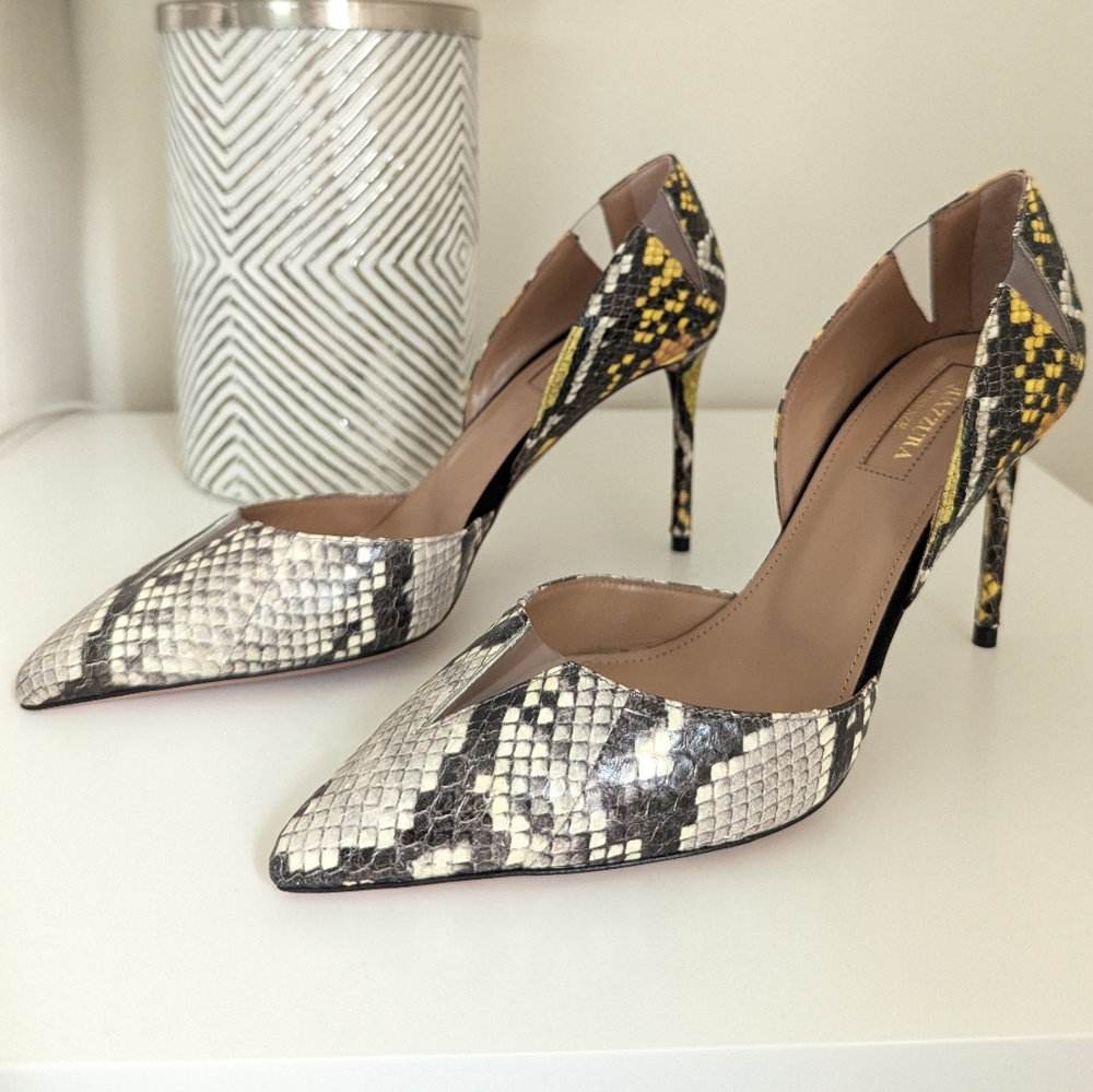 Aquazzura Sharp 85mm Snake Print Pumps